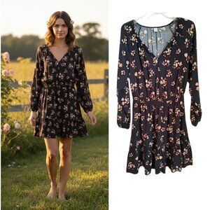 Old Navy Peplum Cottagecore Dress Women's Sz M Black Floral Long Sleeve Mini